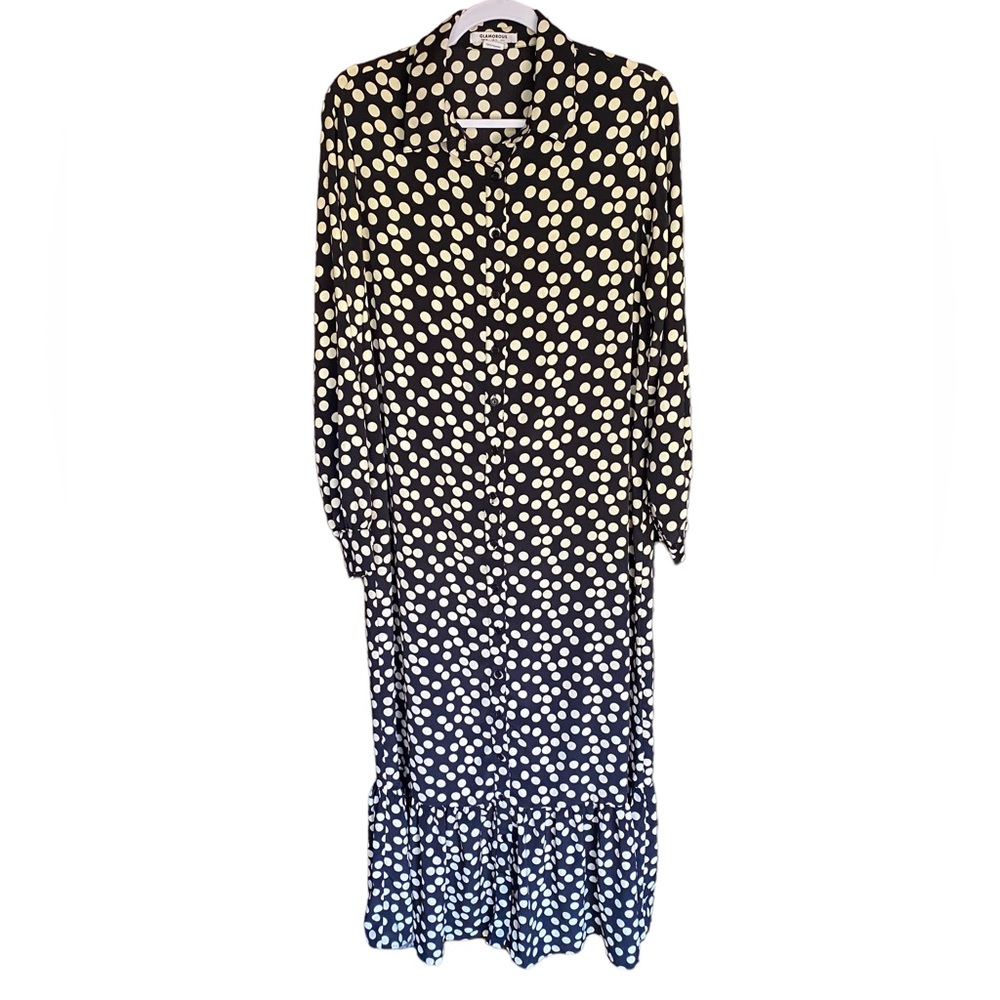 Glamorous Polka Dot Long Sleeve Button Down Maxi Dress with Collar